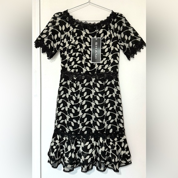 Shani NWT Black/White Two Tone Lace Bateau Neck Ruffle Hem Dress - Picture 2 of 10